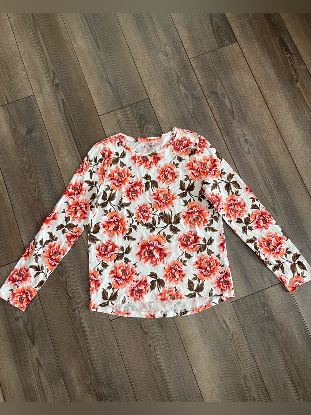 Old Navy girls 14 White Long-Sleeve Floral Top with Orange and Brown Flowers